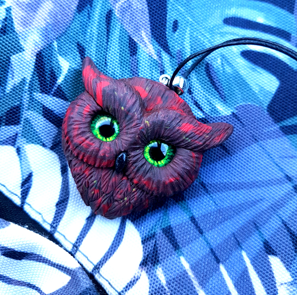 Pendant Motley owl - My, Plastic, Polymer clay, Owl, Eyes, With your own hands