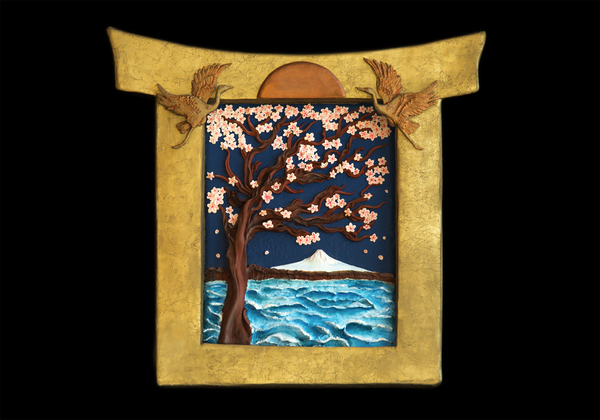 Stucco painting as a gift - My, Painting, Лепка, Japan, Fujiyama, Sea, Sakura, Flowers, Cranes