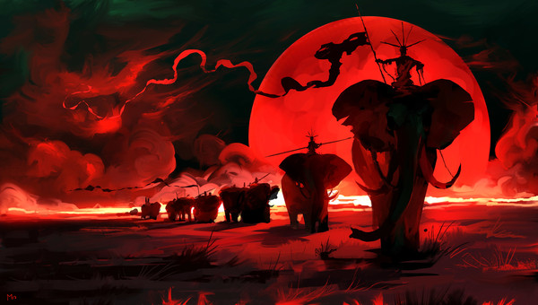 Scarlet Sunset 2 - Art, Red, Battle, Warrior, Elephants, Future, Fighter, Longpost