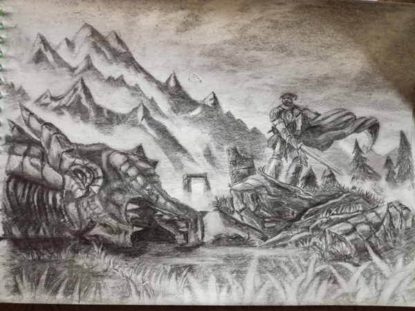 Skyrim - My, The Elder Scrolls V: Skyrim, Games, The Dragon, Warrior, Fantasy, The mountains, Landscape, Drawing
