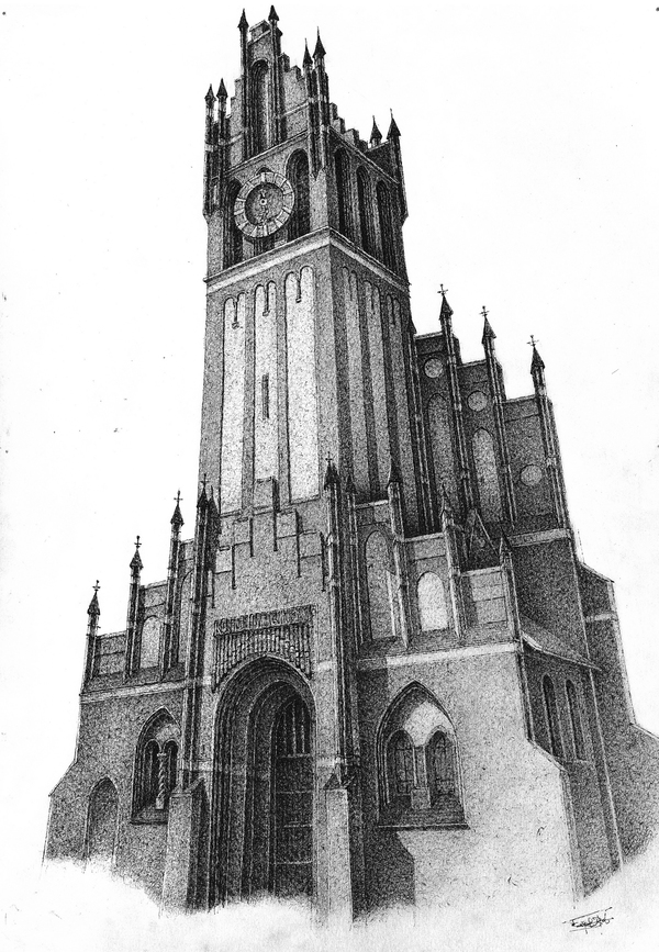 Regional Philharmonic, located in the building of the former Sagrada Familia in the city of Kaliningrad - My, Architecture, Gothic, Gel pen, Kaliningrad