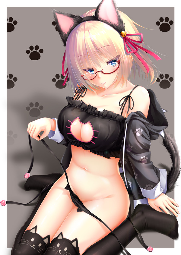 Anime Art - NSFW, Anime art, Anime, Anime original, , Stockings, Cleavage, Cat keyhole bra, Megane, Neko