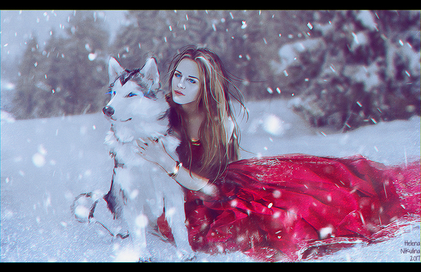 Inseparable friends. - My, Art, Girls, Snow, Winter, Dog, Laika, Fantasy, 
