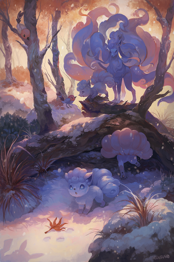 Pokemon Anime Art, , , Vulpix, Ninetales, Fletchling