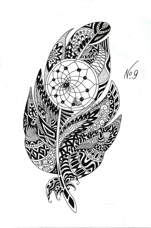 February marathon, day nine. - My, Drawing, Gel pen, Feather, Patterns, Geometry, Dreamcatcher, Month, February