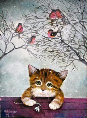 Winter, cat, bullfinches - Winter, cat, Bullfinches, 