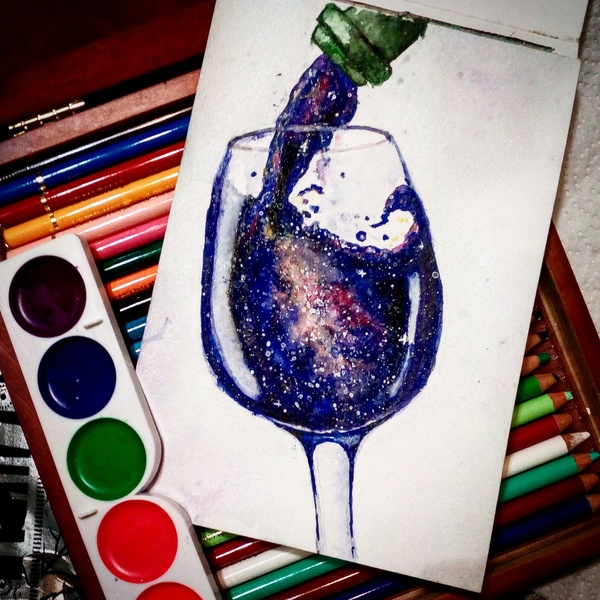 A glass of the universe, please! - My, Watercolor, Universe, Junior Academy of Artists, Painting, Drawing