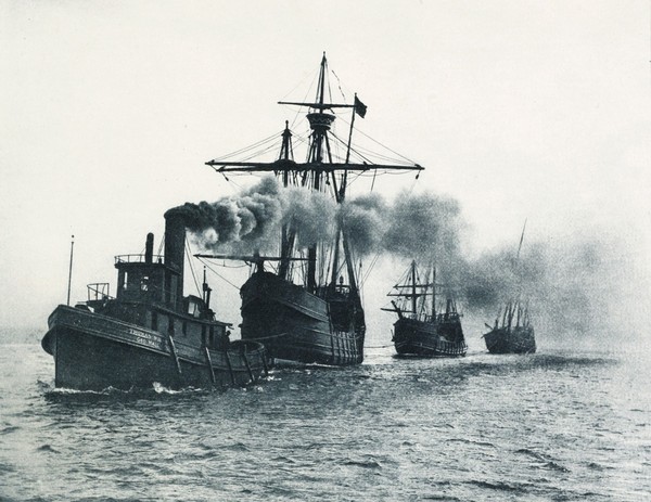 Каравеллы Колумба - "Нинья", "Пинта", "Санта-Мария" и буксир из Таганрога «Севрюга» идут искать Америку.