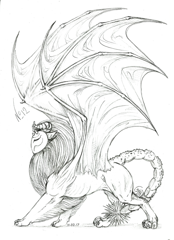 February marathon, day 12. - My, Drawing, Pencil, Manticore, Mask, Wings, Thorns, Month, February