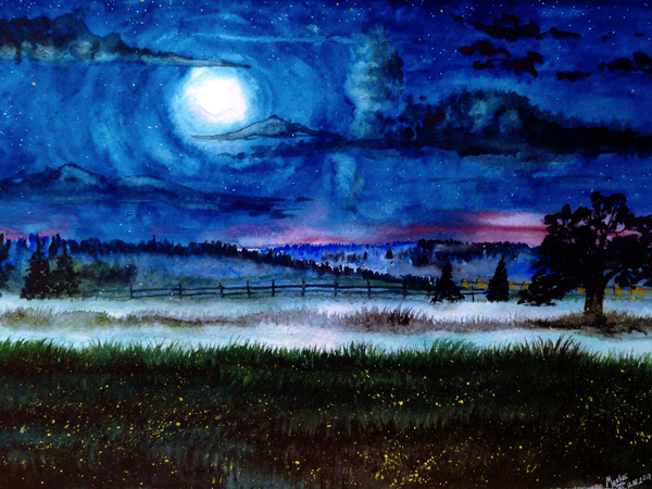 Full moon - My, Art, Watercolor, My, Painting, Landscape, Full moon, , 