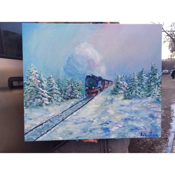 Oil. Size 60 by 70 cm. - Artist, Art, Images, Locomotive, Winter, Steam, Art, Butter