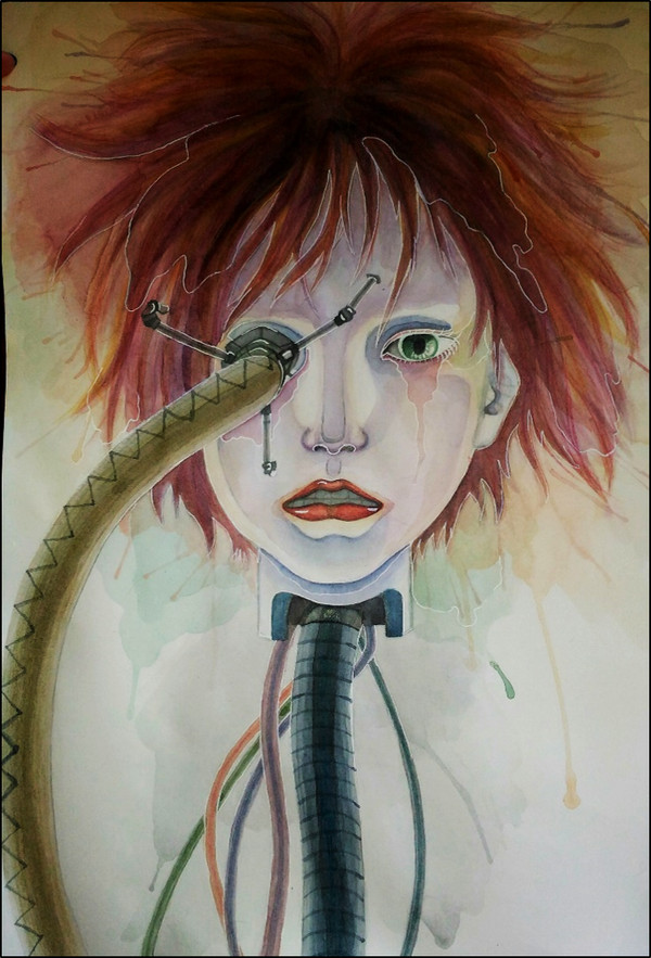 Interpreted Cyborg (Ghost in the Shell) - My, Drawing, Creation, Watercolor, Cyborgs, Ghost in armor, Art, Girls, Anime