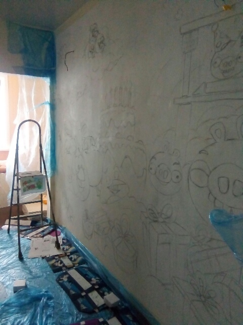 Wall painting in the children's center - My, Painting, Angry Birds, Longpost