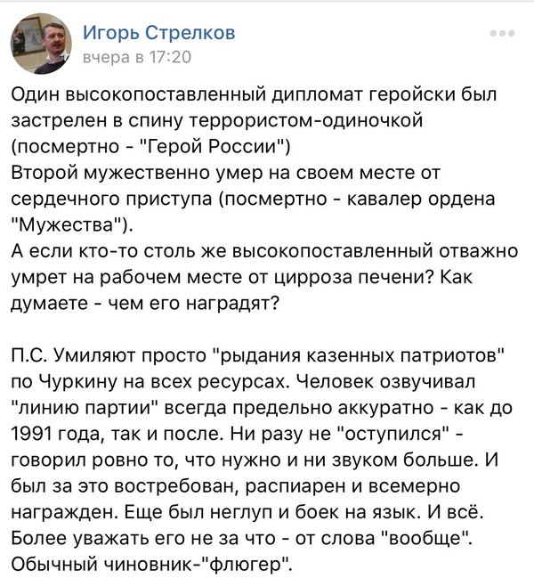 Strelkov's opinion. - Shooters, Vitaly Churkin, Reward, Politics, Fake, From the network, Igor Strelkov
