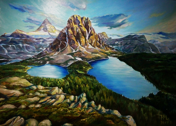 Added)) Mountain landscape. Oil, canvas, 50x70cm - My, Landscape, Mountain landscape, The mountains, Painting, Oil painting, Canvas, Lake