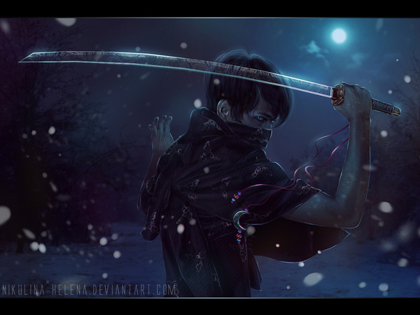 Moon Ninja. - My, Art, Men, Elena Nikulina, Katana, Ninja, Snow, moon