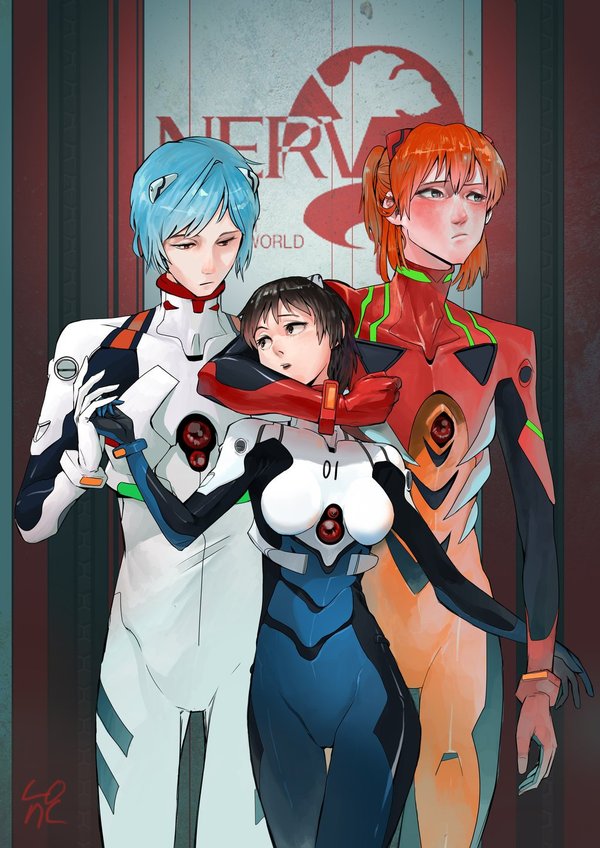 Horsewoman of the apocalypse, surrounded by colleagues ... - Rule 63, Evangelion, Anime, Images, Art, Asuka langley, Rei ayanami, Shinji Ikari