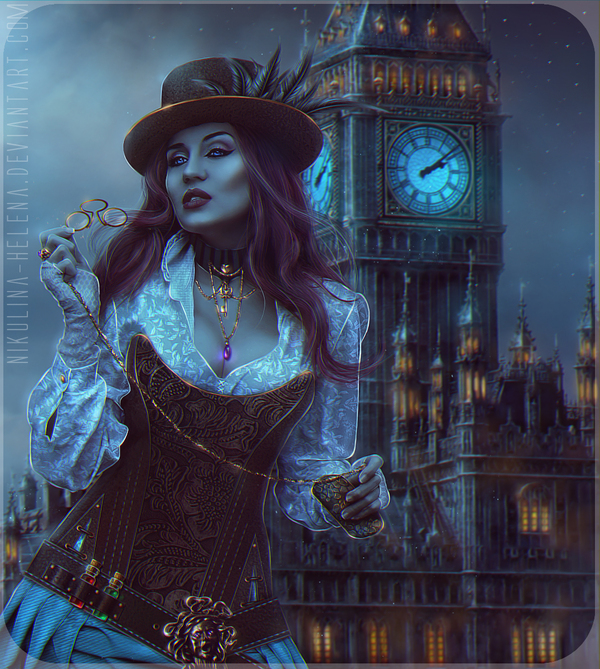 Victoriana. - My, Art, Female, London, Steampunk, Elena Nikulina, Night, Big Ben, Women