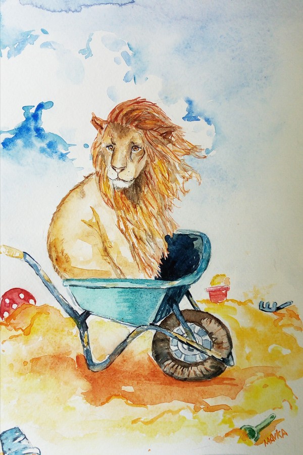 Leo in a wheelbarrow - My, Longpost, Wheelbarrow, a lion, Watercolor, Drawing