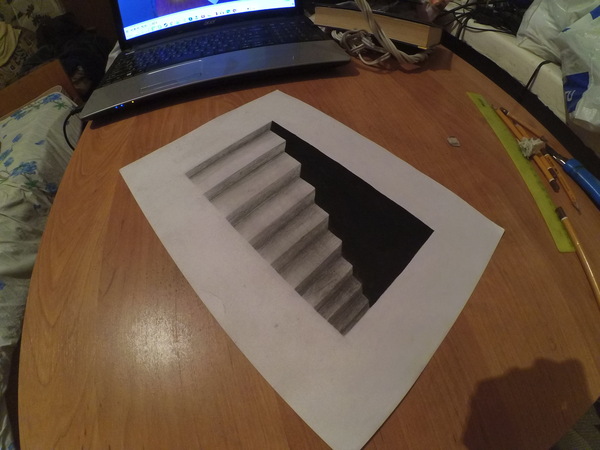 How to draw a simple 3d pencil drawing | Simple 3D Pencil Illusion - Stairway to Hell - My, 3D graphics, , , Optical illusions