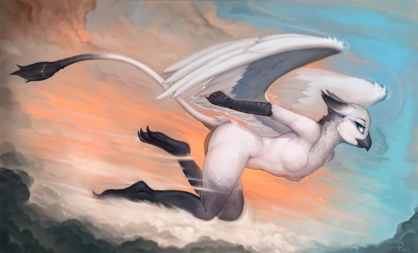 flight of the griffin - NSFW, Furry, Art, Furotica, Sky, Flight, Ph0t0n0k0, Griffin