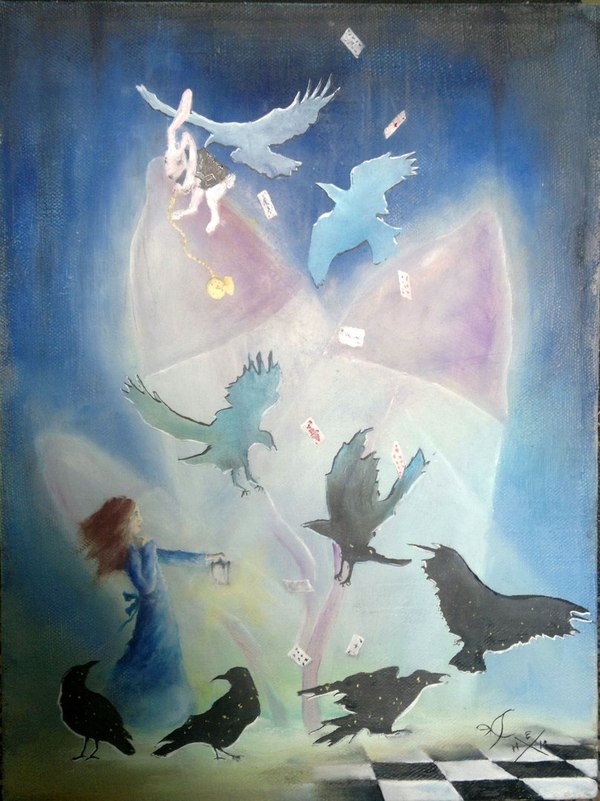 Hobby. Fairy tale. - My, Oil painting, Self-taught, I'm an artist - that's how I see it, Alice in Wonderland, Crow, Mushrooms, Drawing
