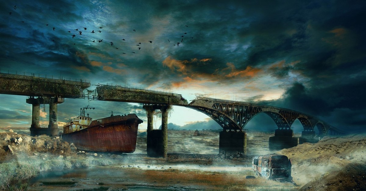 Корабль сломал мост. Постапокалиптичный Саратов. Саратов постапокалипсис. Пейзажи постапокалипсиса. Разрушенный мост.