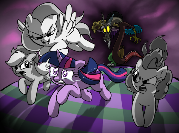 Abandon All Hope My Little Pony, Ponyart, Applejack, Fluttershy, Pinkie Pie, Twilight Sparkle, MLP Discord