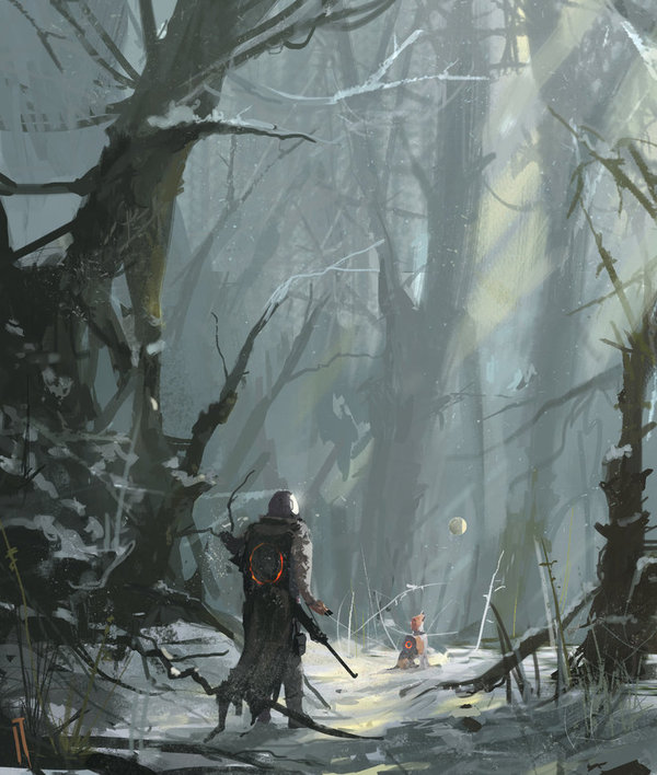 Golden hour - Art, Winter, Dog, Ismail Inceoglu