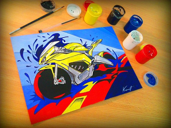 Picture. Gouache, black pen, watercolor. - My, Motorcycles, Moto, Gouache, Watercolor, 