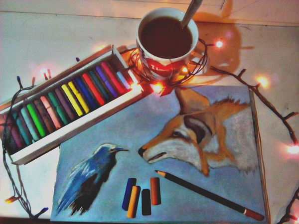 A Crow and a fox - My, Drawing, Art, Creation, Bad artist, Pastel, Chalk drawing, A Crow and a fox, Crow