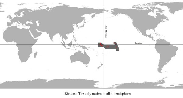 Kiribati is the only country in the world located in all four hemispheres of the Earth. - Cards, Kiribati, Interesting