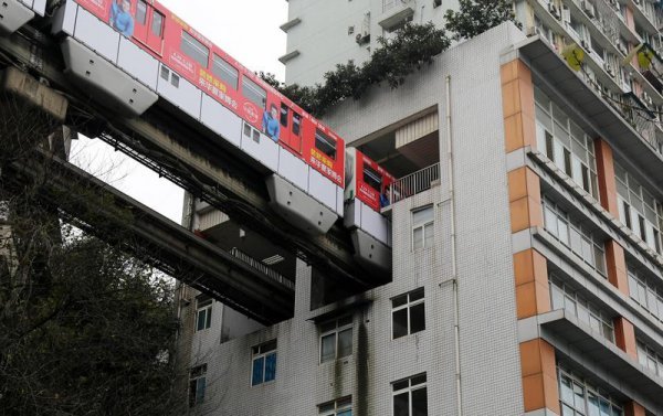 Railroad through a 19-story residential building - Longpost, , China, A train, Railway, House, The photo