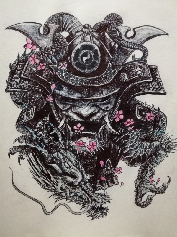 Samurai helmet - My, Japan, Helmet, The Dragon, Fantasy, Drawing, Pen drawing, Sakura, Samurai