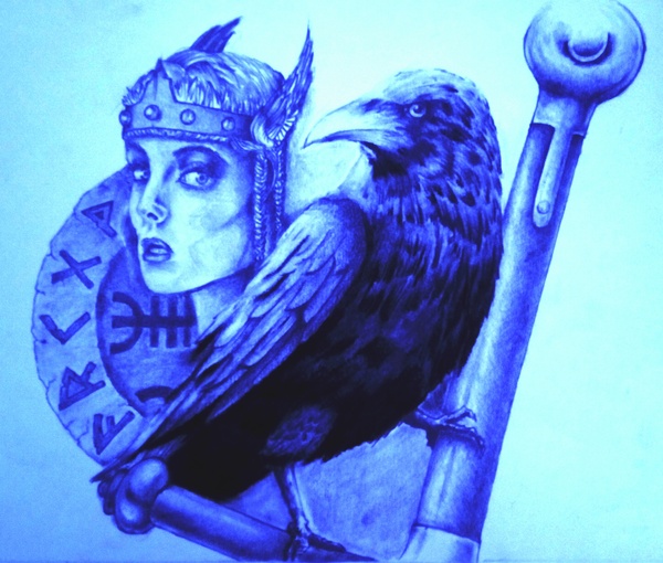 Valkyrie and Raven - Runes, Graphics, Pencil, Drawing, My, My, Creation, , Valkyrie