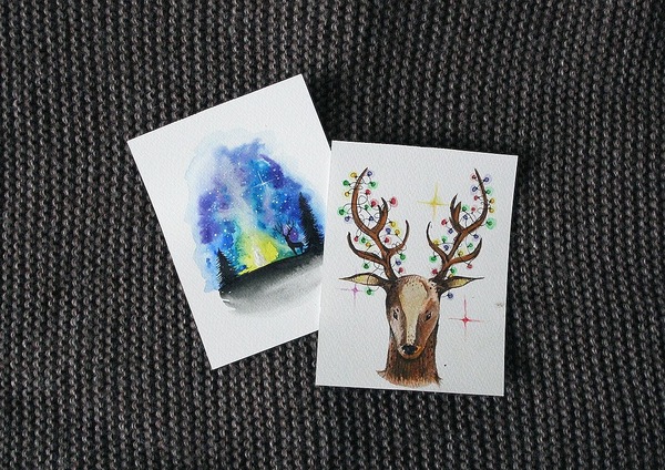 Again about deer) - My, Postcard, Deer, Watercolor, Painting, Art, Sky, Deer