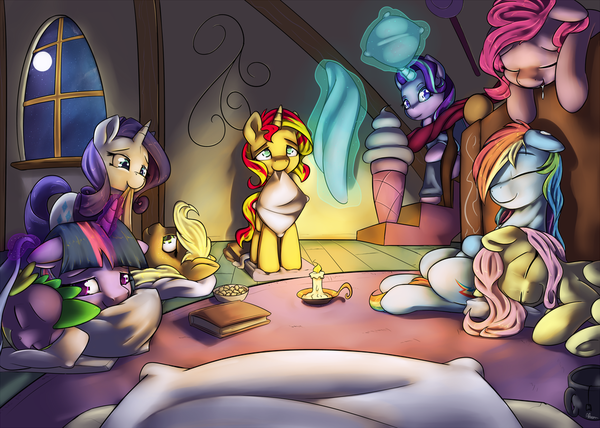Sleepover My Little Pony, Mane 6, Sunset Shimmer, Starlight Glimmer, Spike, Alasou