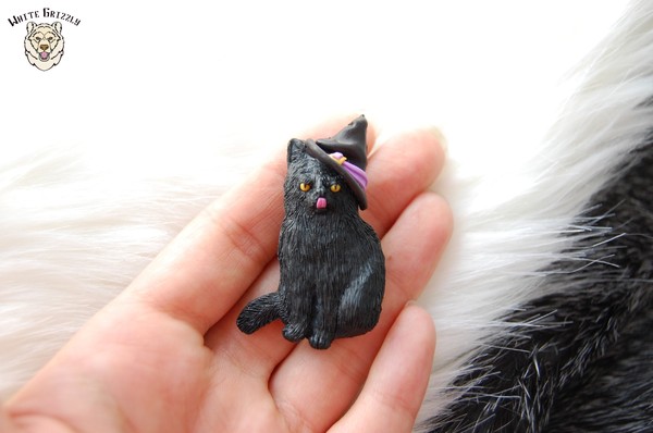 Brooch made of polymer clay with a black cat - My, cat, Polymer clay, With your own hands, Handmade, Witches, Kitty, For the soul, Black cat