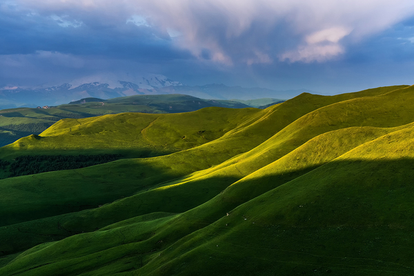 Caucasian velvet - The photo, Caucasus, The mountains, Greenery, Plateau, dawn, Clouds