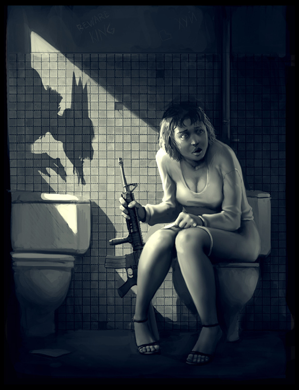 ...when it's scary to go to the toilet without a weapon... - Glooh, Girls, Toilet, Toilet, Fear, Art