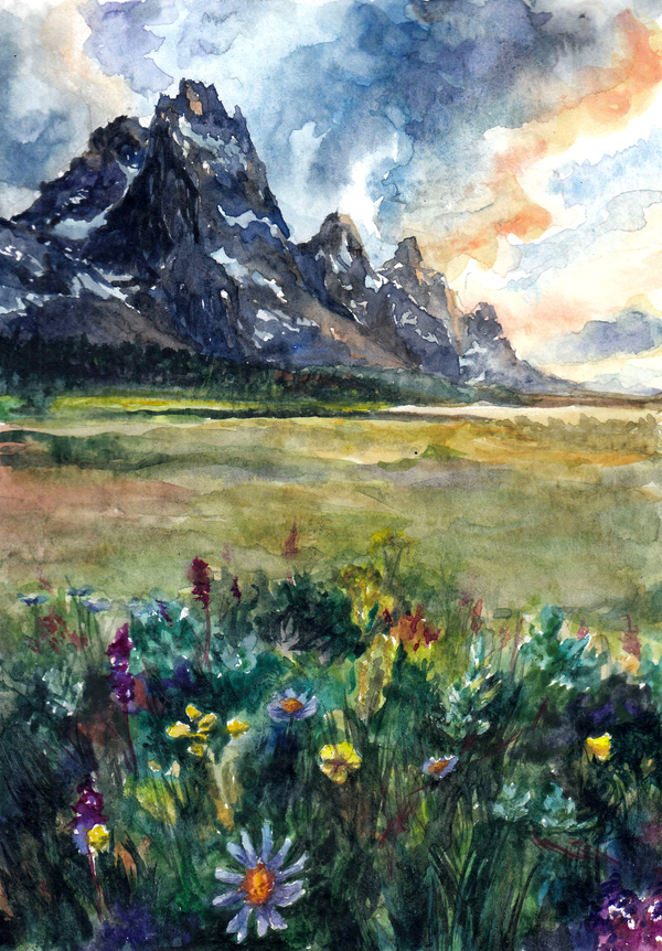 I want to go where a thousand herbs and flowers - My, Drawing, The mountains, Watercolor, Flowers, Artist, Illustrations, The sun