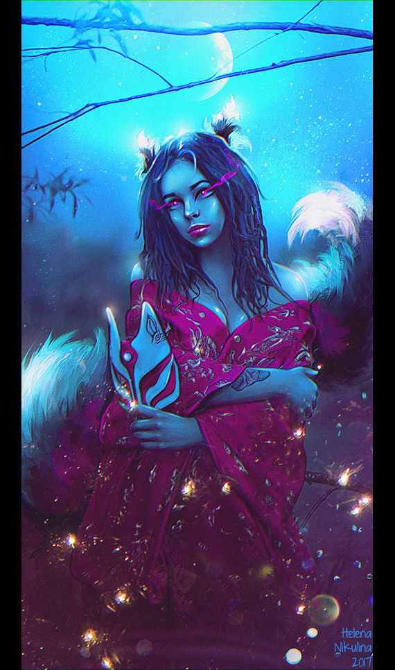 Kitsune. - My, Art, Elena Nikulina, Kitsune, Fantasy, Mythology, Night, Fox, Female, Women