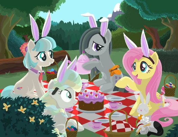 Happy Easter 2017 My Little Pony, Ponyart, Fluttershy, Coco Pommel, Marble Pie, Vapor Trail, Angel Bunny