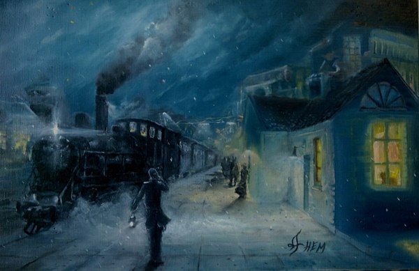 november express - My, Oil painting, Self-taught, League of Artists, Locomotive, railway station, Night, Artist