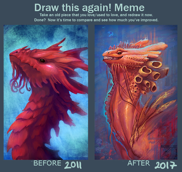How to redraw a dragon - Red, Coral, The Dragon, Fantasy, Drawing, Art, My, Longpost, Remake, Rework