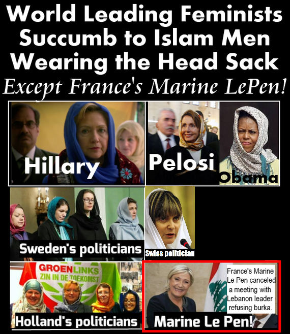 World feminist leaders give in to Islamic men by wearing a bag over their heads - France, Marine LePen, Feminists, Politics