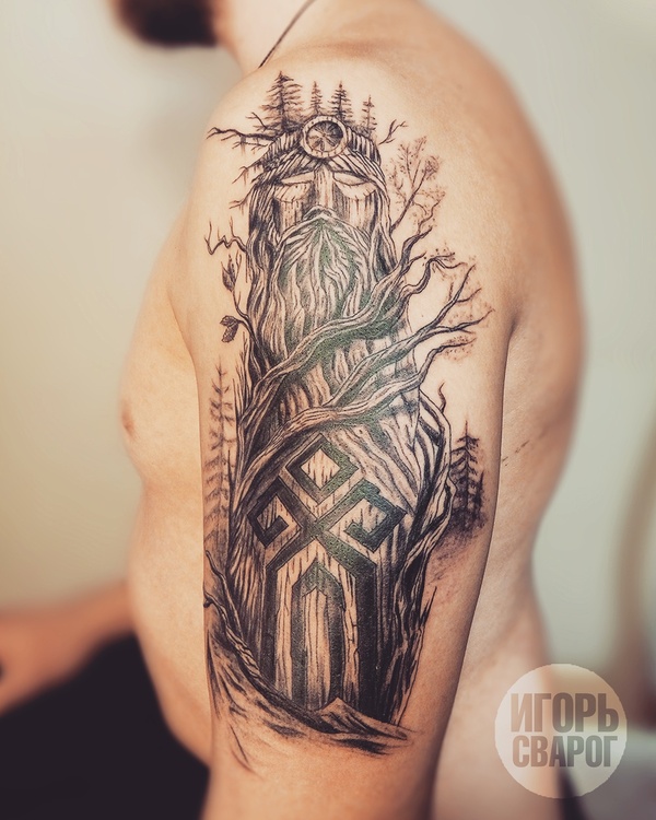 Tattoo (tattoo) Slavic God, on the shoulder, male - My, Tattoo, Tattoo sketch, Realism, Tattoo on the arm, Tattoo, Inc, Tattoo artist