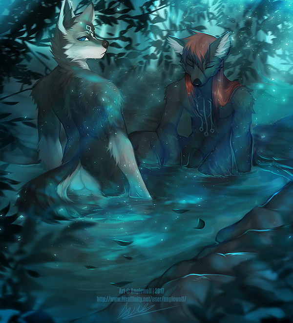 in a hot spring - NSFW, Furry, Anthro, Art, Angiewolf, Furotica male