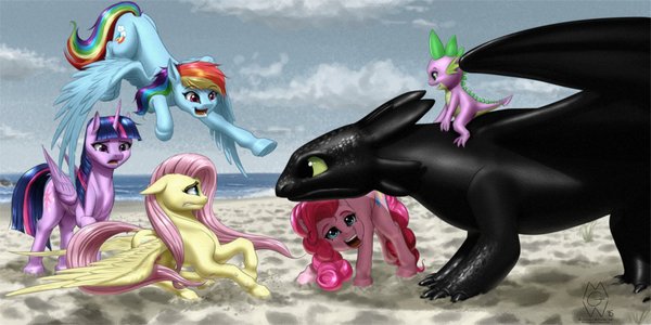 Первая встреча - Rainbow Dash, Twilight sparkle, Fluttershy, Pinkie Pie, Spike, Беззубик, PonyArt, My Little Pony