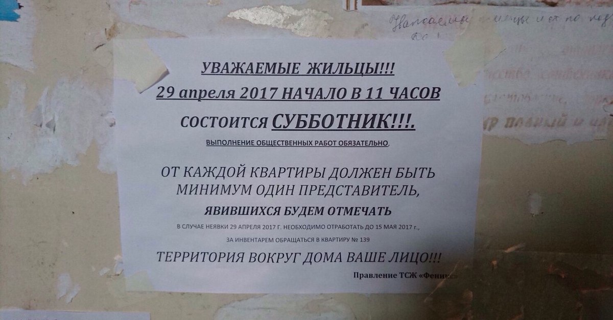 Объявление о субботнике во дворе образец